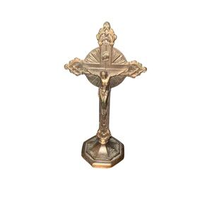 Vintage 5 Inch Metal Altar Crucifix Gold Tone Ornate Maybe Brass